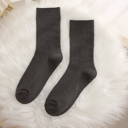 Women solid color double needle vertical striped cotton socks - Xmaker