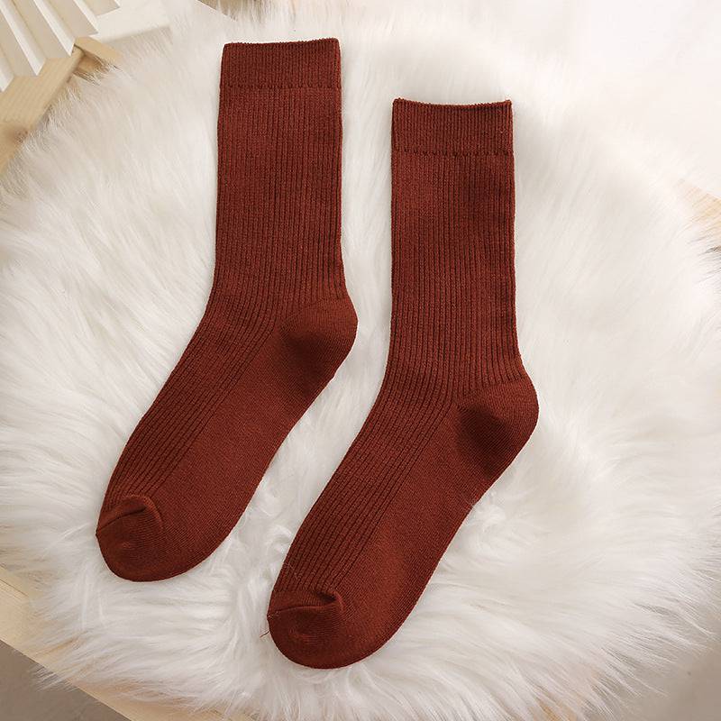 Women solid color double needle vertical striped cotton socks - Xmaker