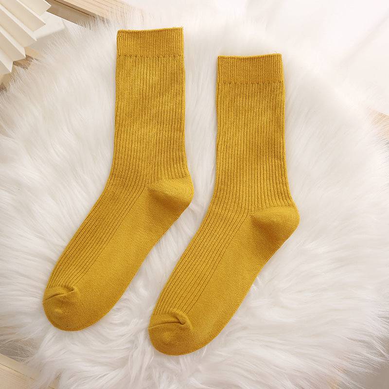 Women solid color double needle vertical striped cotton socks - Xmaker
