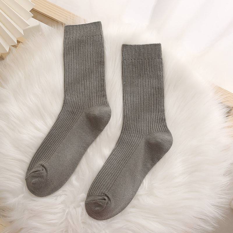 Women solid color double needle vertical striped cotton socks - Xmaker