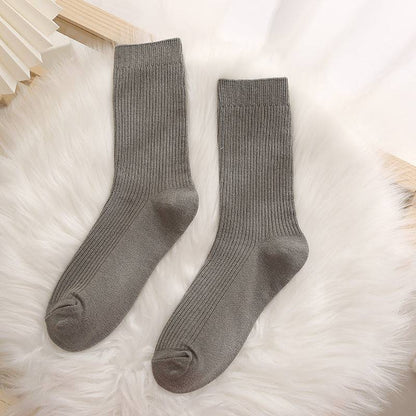 Women solid color double needle vertical striped cotton socks - Xmaker