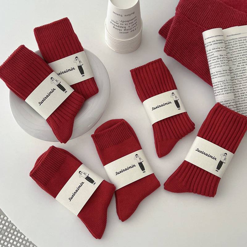 Women's Red Middle Tube Cotton Socks - Xmaker