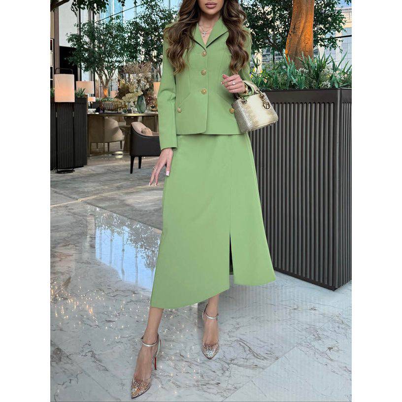 Solid Color Blazer & Slit Skirt Suit - Xmaker