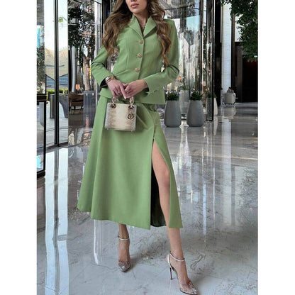 Solid Color Blazer & Slit Skirt Suit - Xmaker