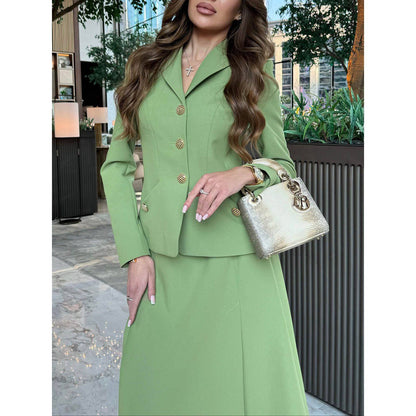 Solid Color Blazer & Slit Skirt Suit - Xmaker