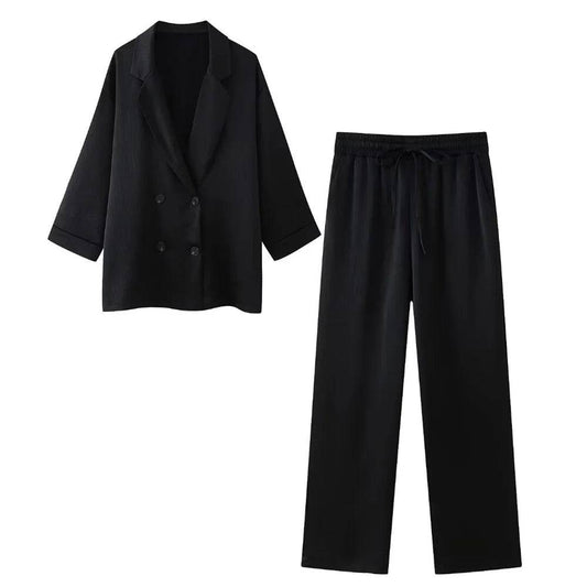 Women's  Wrinkle Effect Double Breasted Suit Pants Set - Xmaker