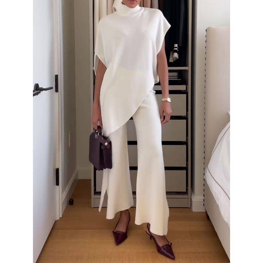 Collar Irregular Hem Top & Slit Pants Suit - Xmaker