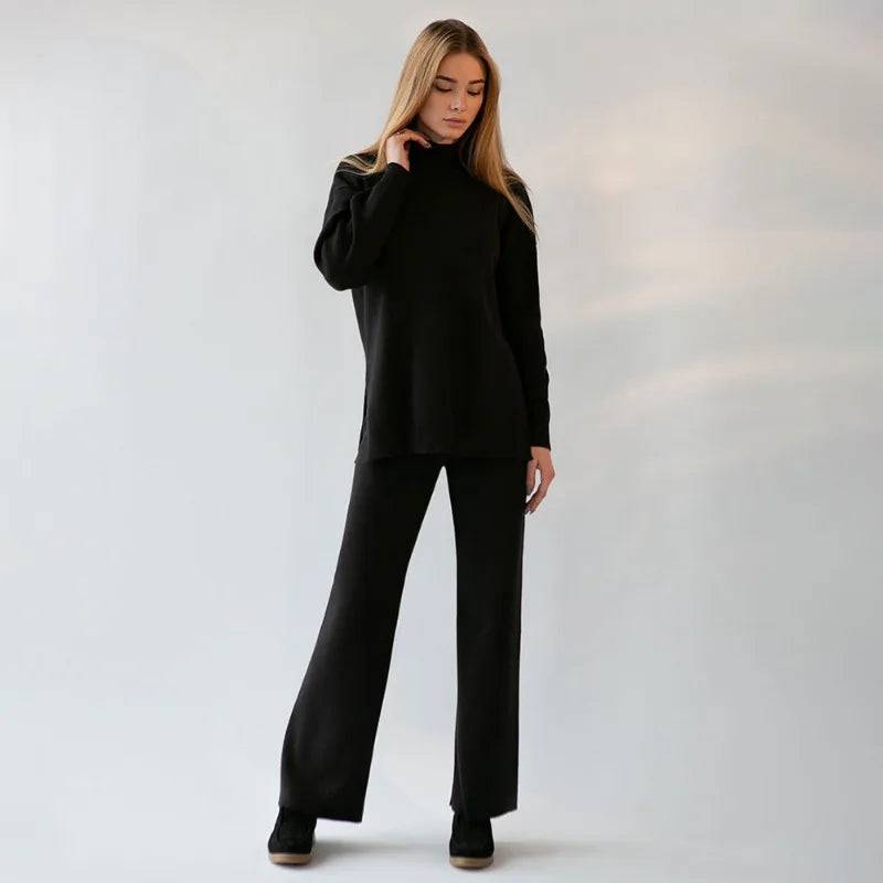 Women Knitted Two-piece Set Knit Sweater Pullover Casual High-waist Pant Sets - Xmaker