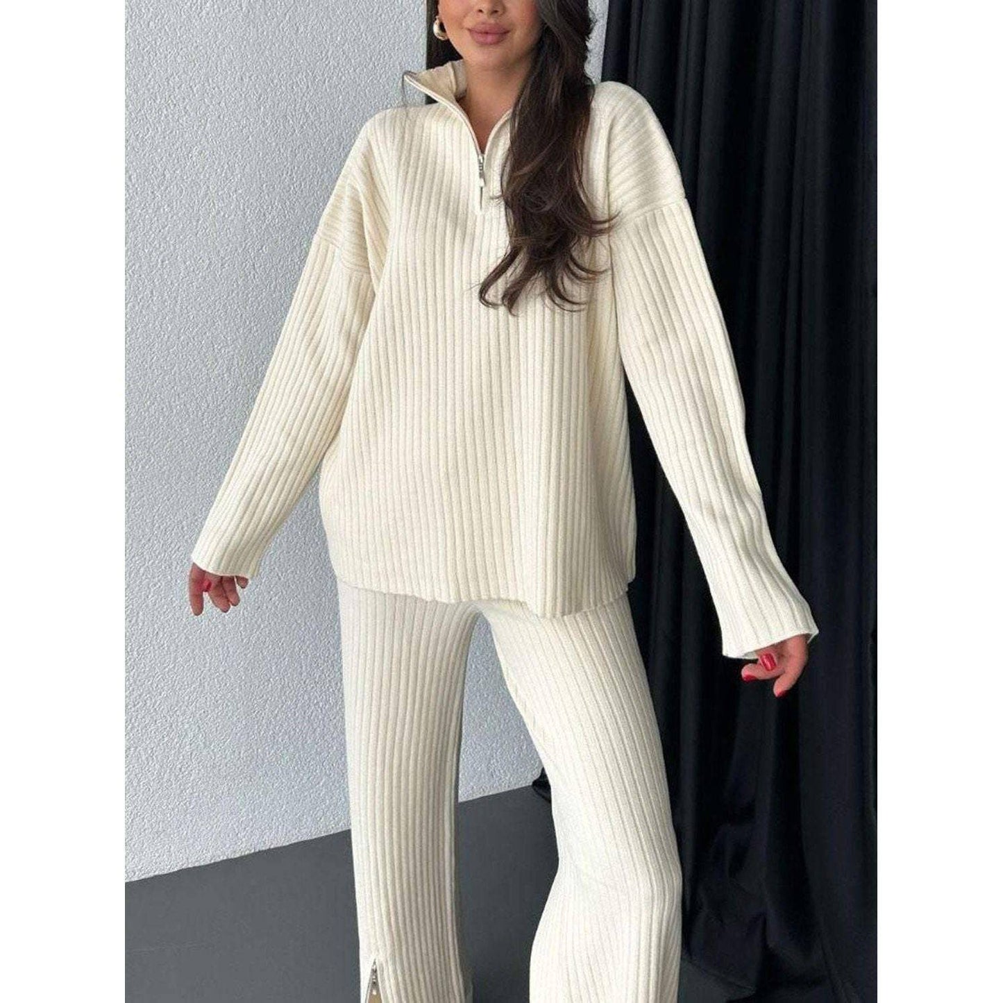 Women's Zipper Knitting Suit High Neck Ribbing Home Wear Two-piece Set - Xmaker