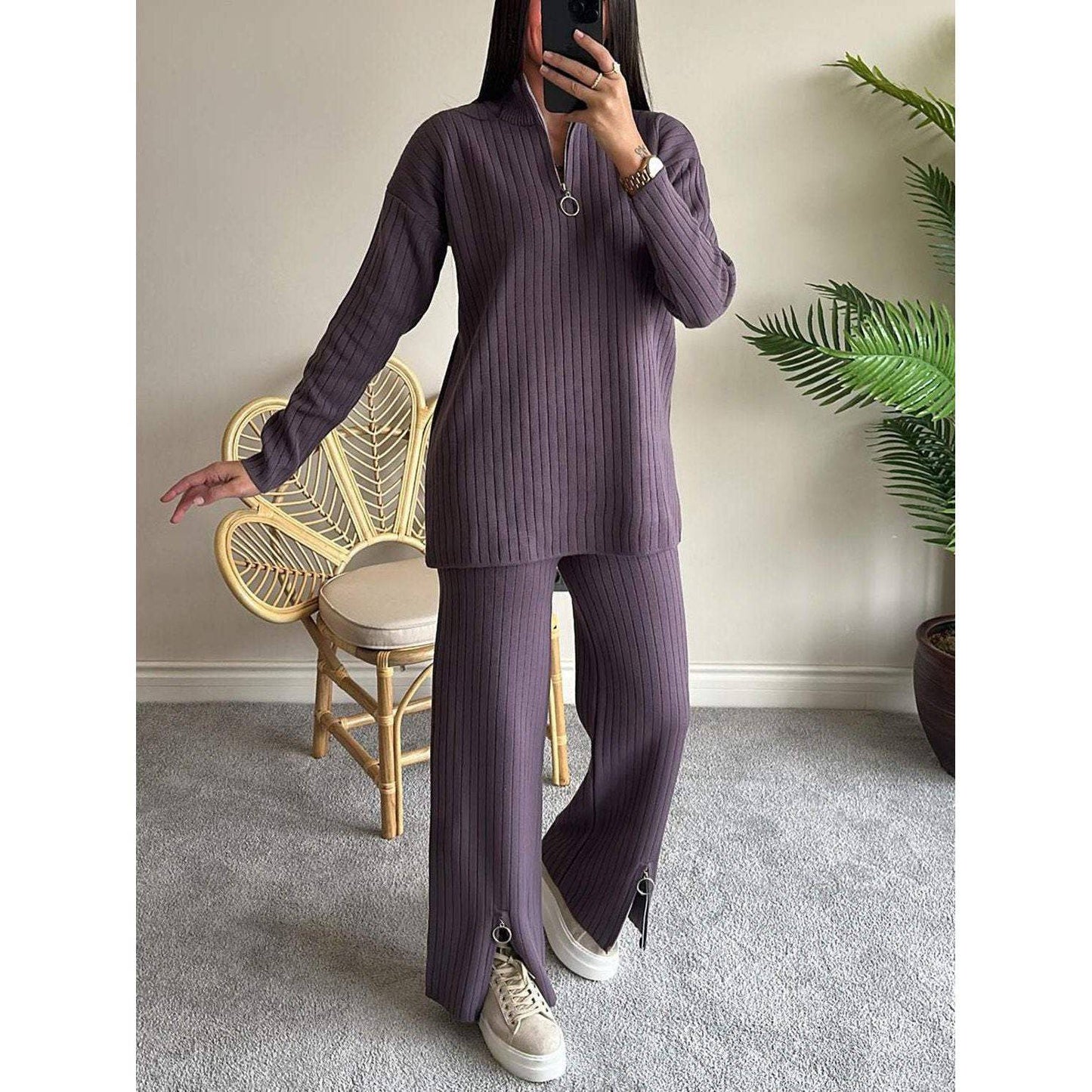 Women's Zipper Knitting Suit High Neck Ribbing Home Wear Two-piece Set - Xmaker