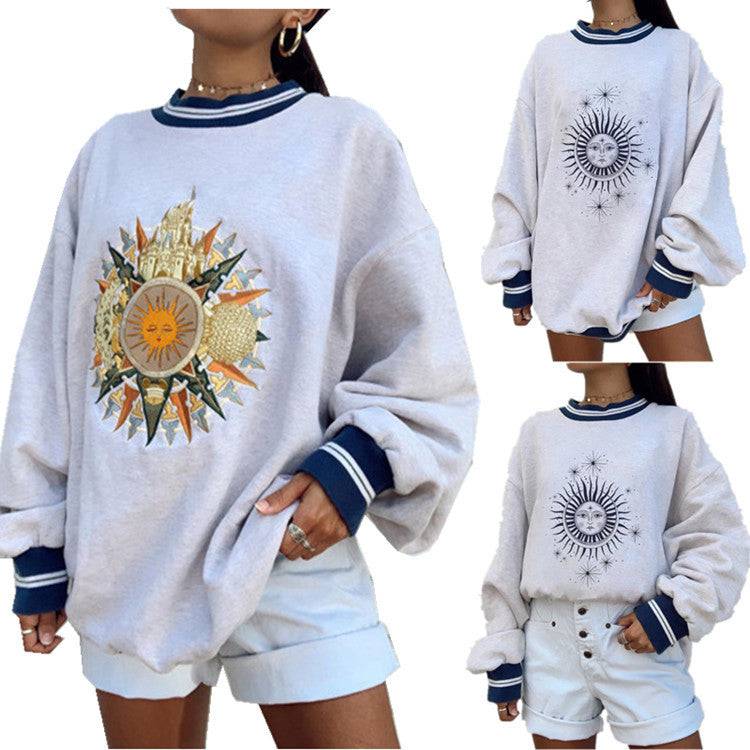 Women'sPrinting Round Neck Loose Pullover Long Sleeve Sweater - Xmaker