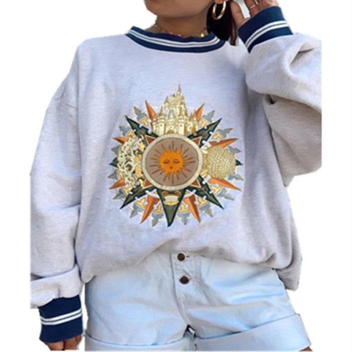 Women'sPrinting Round Neck Loose Pullover Long Sleeve Sweater - Xmaker