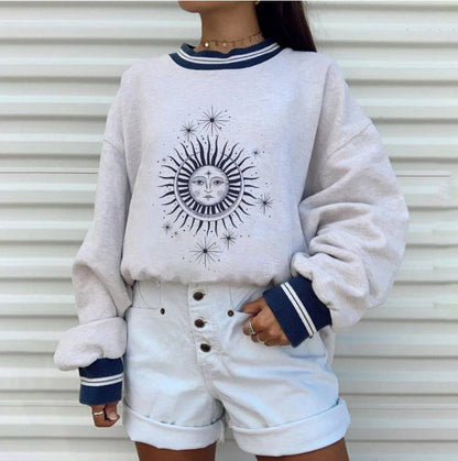 Women'sPrinting Round Neck Loose Pullover Long Sleeve Sweater - Xmaker