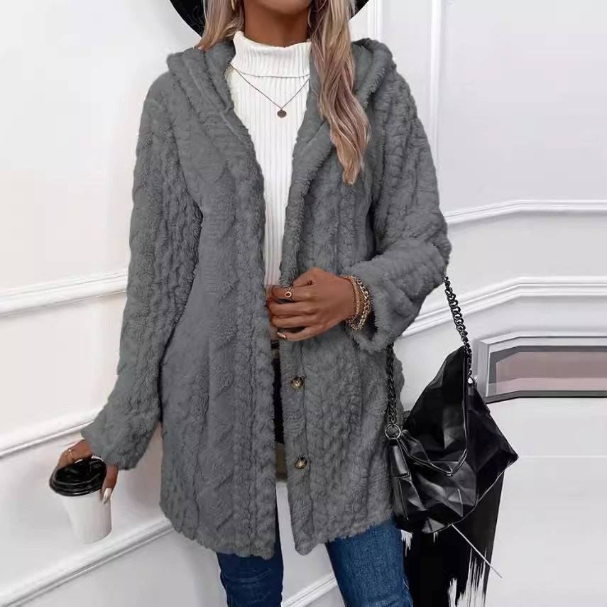 Hooded Solid Color Cardigan Button Long Sleeve Coat - Xmaker