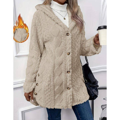 Hooded Solid Color Cardigan Button Long Sleeve Coat - Xmaker