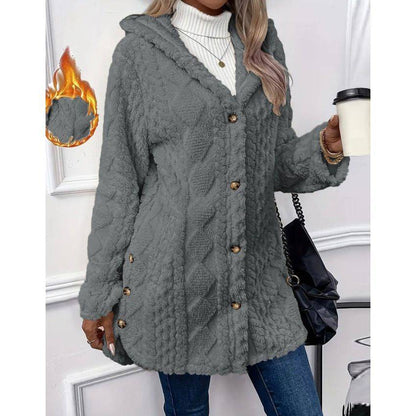 Hooded Solid Color Cardigan Button Long Sleeve Coat - Xmaker