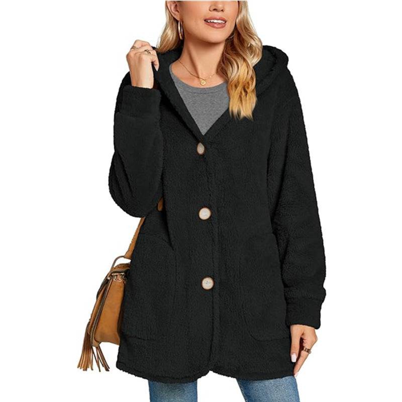 Plush Hooded Button Pocket Cardigan Casual Coat - Xmaker