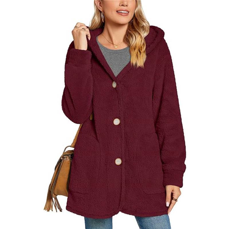 Plush Hooded Button Pocket Cardigan Casual Coat - Xmaker