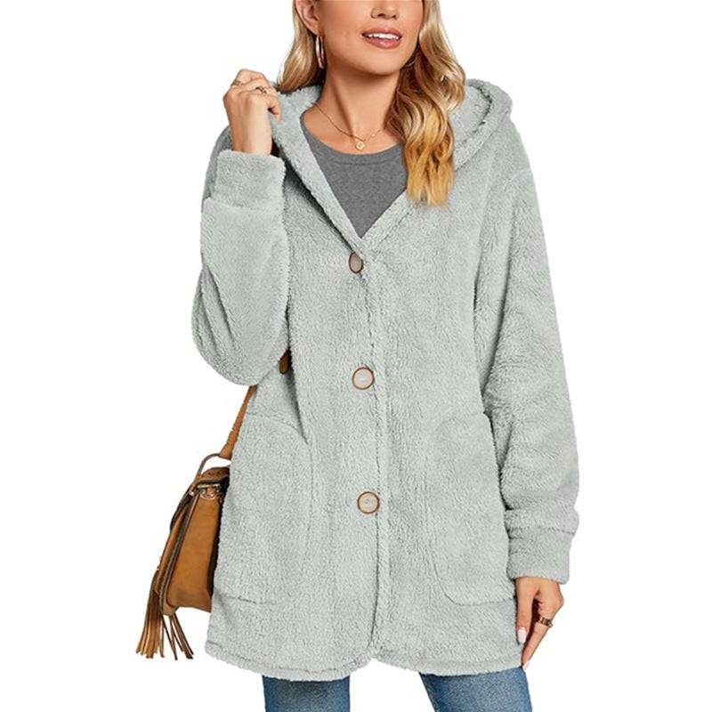 Plush Hooded Button Pocket Cardigan Casual Coat - Xmaker