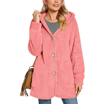 Plush Hooded Button Pocket Cardigan Casual Coat - Xmaker