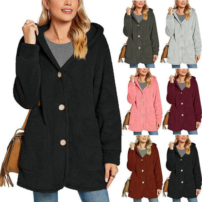 Plush Hooded Button Pocket Cardigan Casual Coat - Xmaker