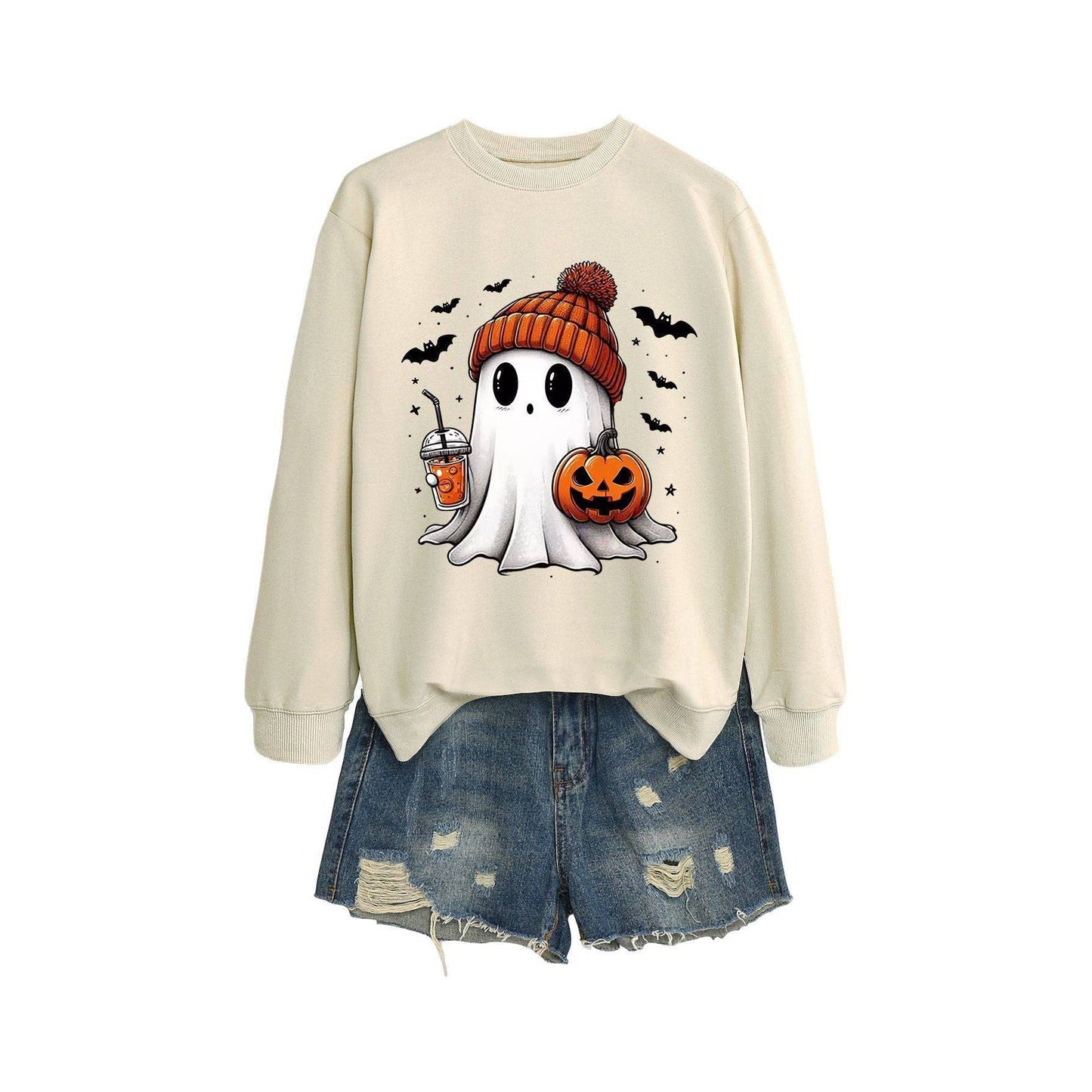 Long Sleeve Milk Tea Pumpkin Bat Printed Crew Neck Sweatshirt - Xmaker