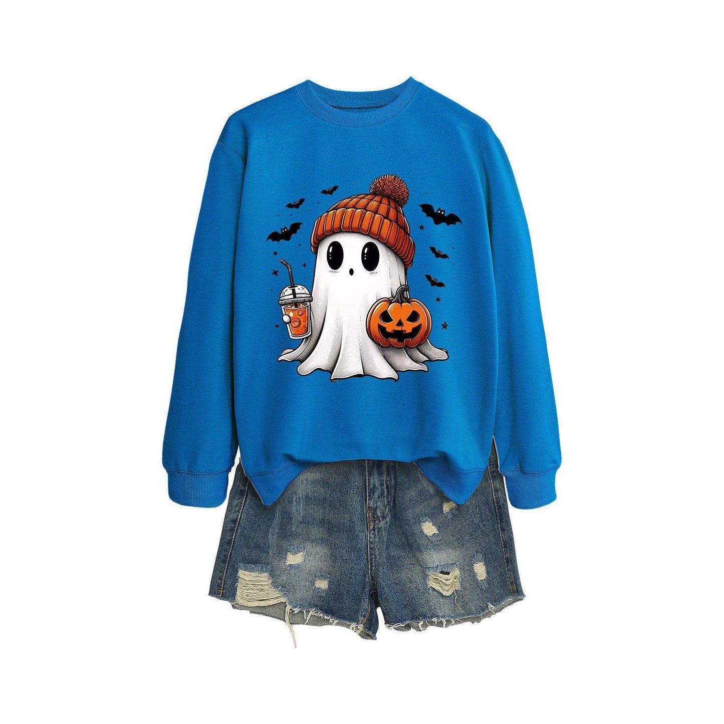 Long Sleeve Milk Tea Pumpkin Bat Printed Crew Neck Sweatshirt - Xmaker