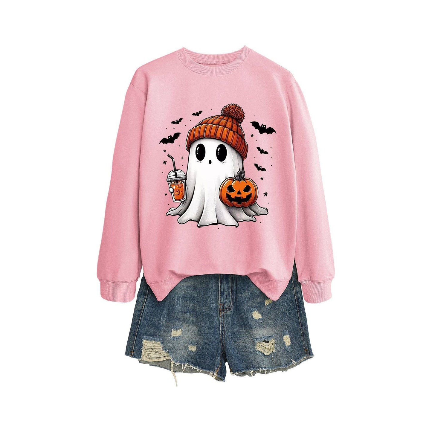 Long Sleeve Milk Tea Pumpkin Bat Printed Crew Neck Sweatshirt - Xmaker