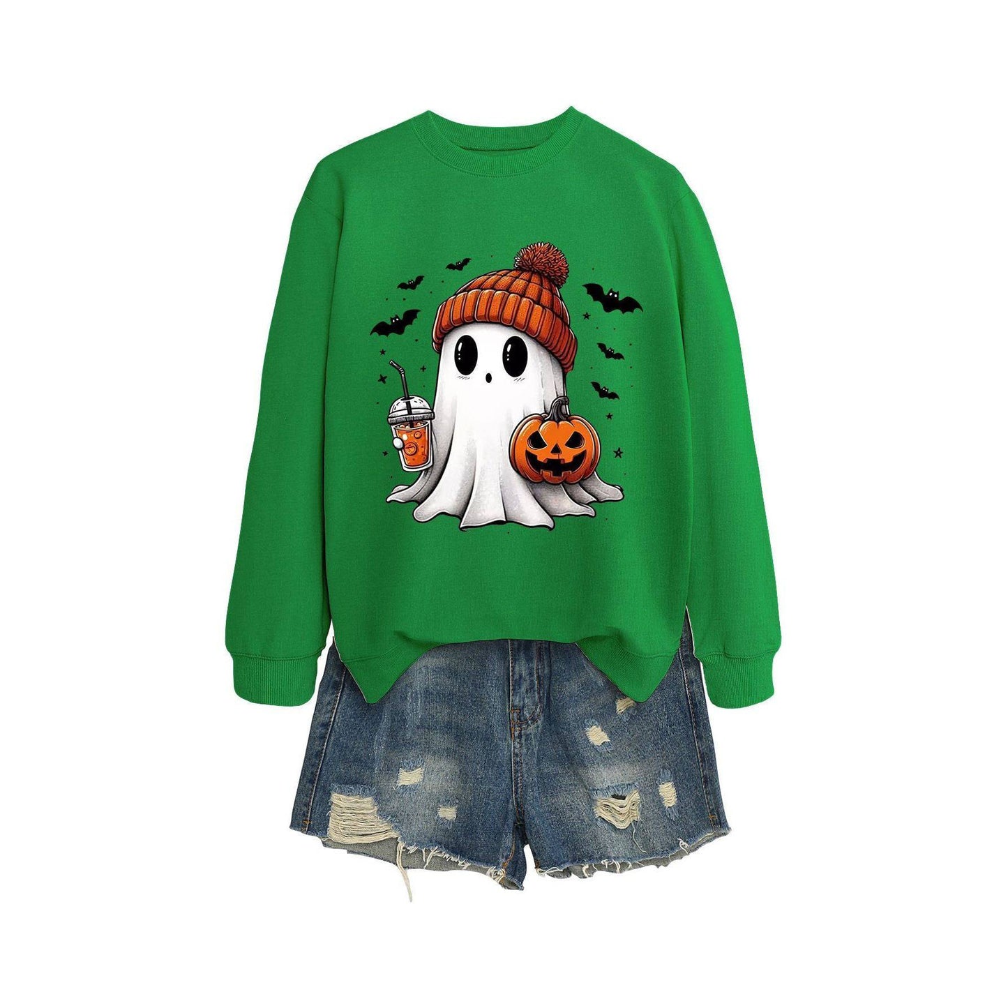 Long Sleeve Milk Tea Pumpkin Bat Printed Crew Neck Sweatshirt - Xmaker