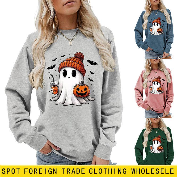 Long Sleeve Milk Tea Pumpkin Bat Printed Crew Neck Sweatshirt - Xmaker