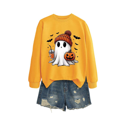 Long Sleeve Milk Tea Pumpkin Bat Printed Crew Neck Sweatshirt - Xmaker