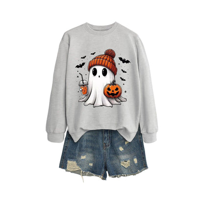 Long Sleeve Milk Tea Pumpkin Bat Printed Crew Neck Sweatshirt - Xmaker