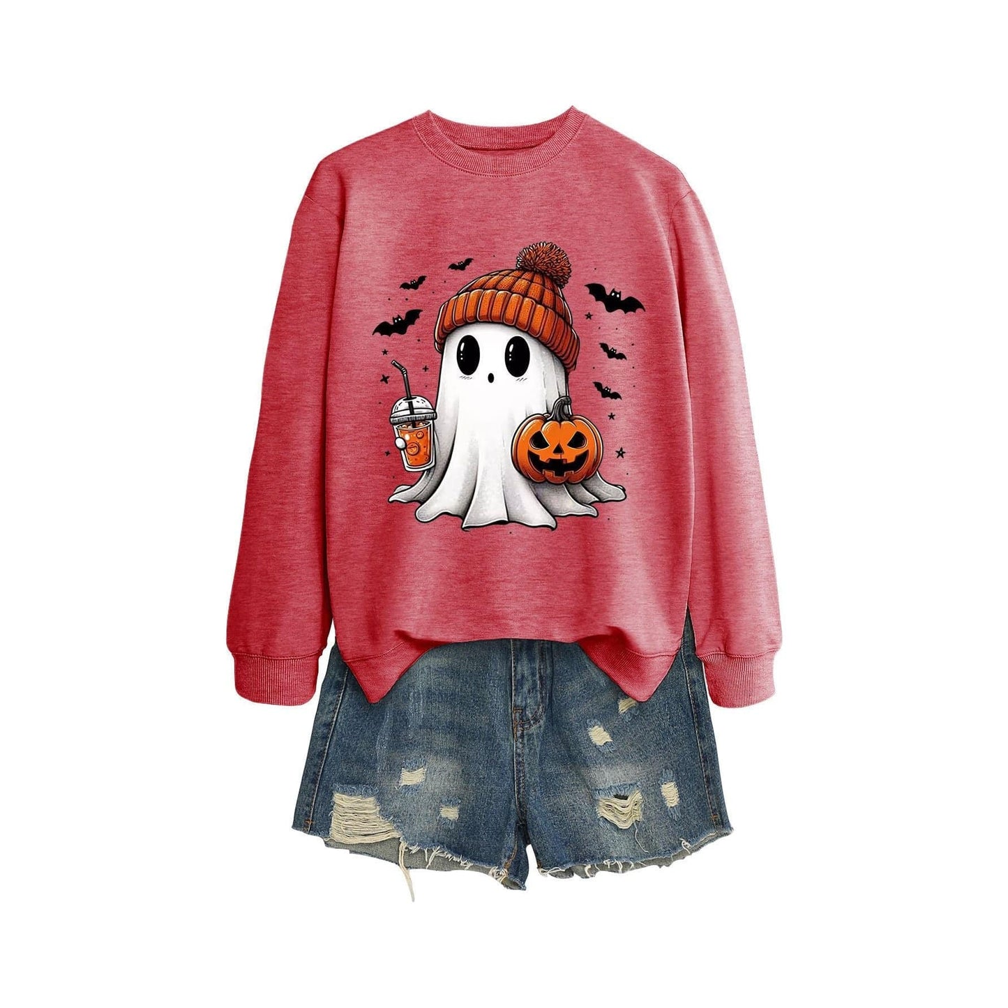 Long Sleeve Milk Tea Pumpkin Bat Printed Crew Neck Sweatshirt - Xmaker