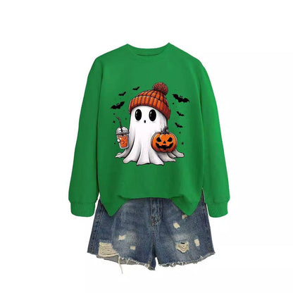 Long Sleeve Milk Tea Pumpkin Bat Printed Crew Neck Sweatshirt - Xmaker