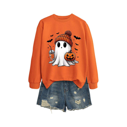 Long Sleeve Milk Tea Pumpkin Bat Printed Crew Neck Sweatshirt - Xmaker