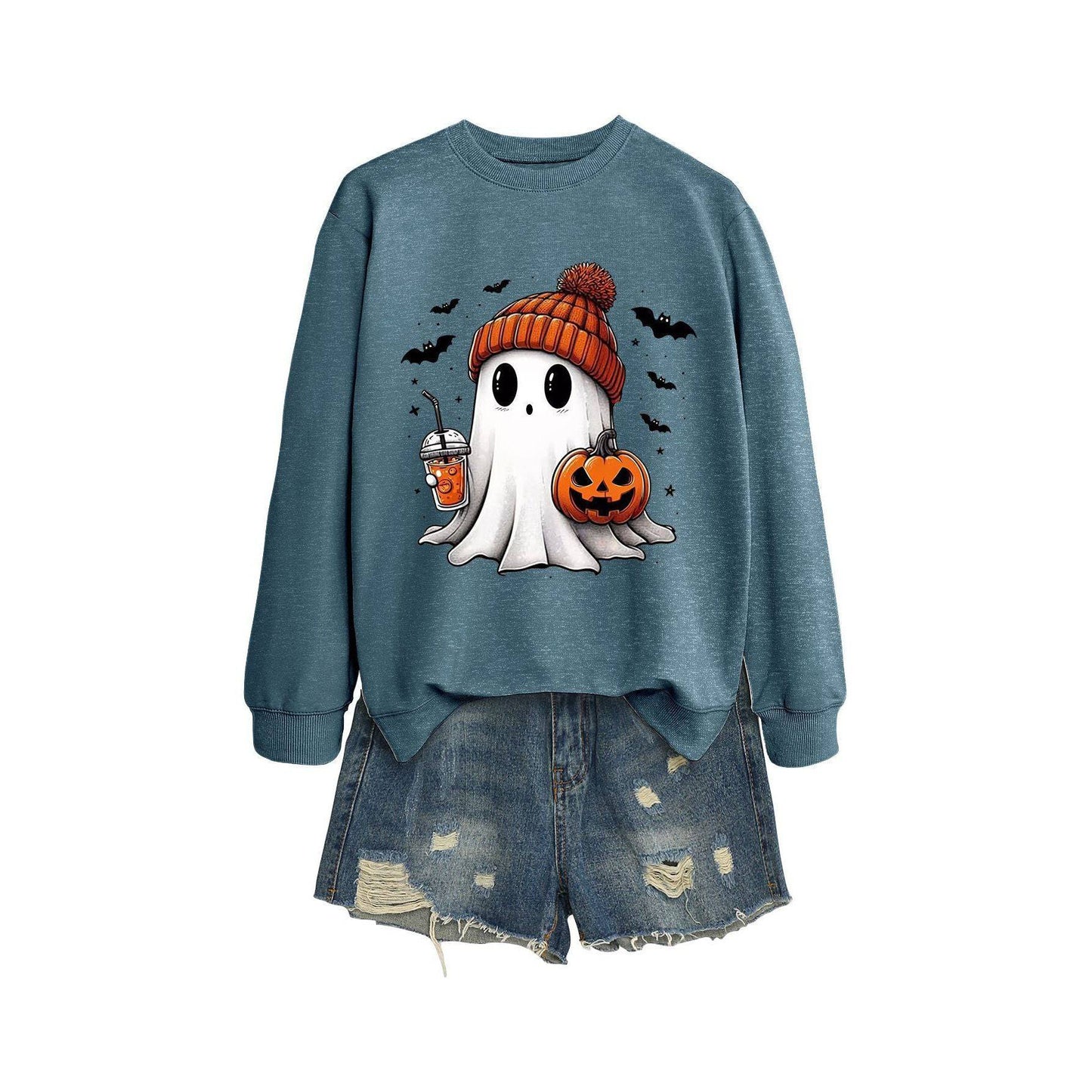 Long Sleeve Milk Tea Pumpkin Bat Printed Crew Neck Sweatshirt - Xmaker