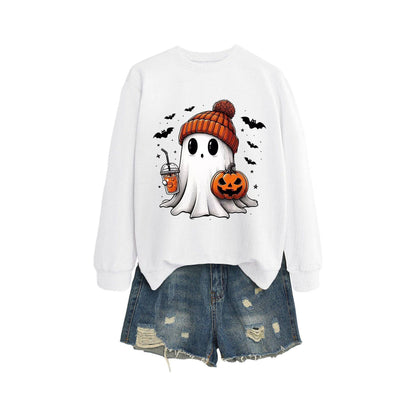 Long Sleeve Milk Tea Pumpkin Bat Printed Crew Neck Sweatshirt - Xmaker