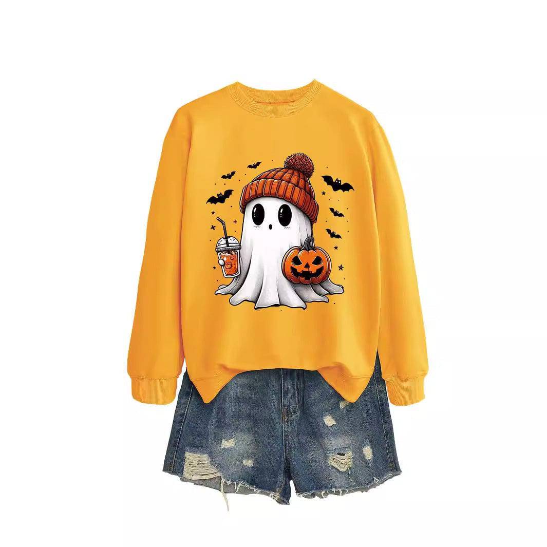 Long Sleeve Milk Tea Pumpkin Bat Printed Crew Neck Sweatshirt - Xmaker