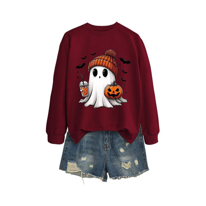 Long Sleeve Milk Tea Pumpkin Bat Printed Crew Neck Sweatshirt - Xmaker