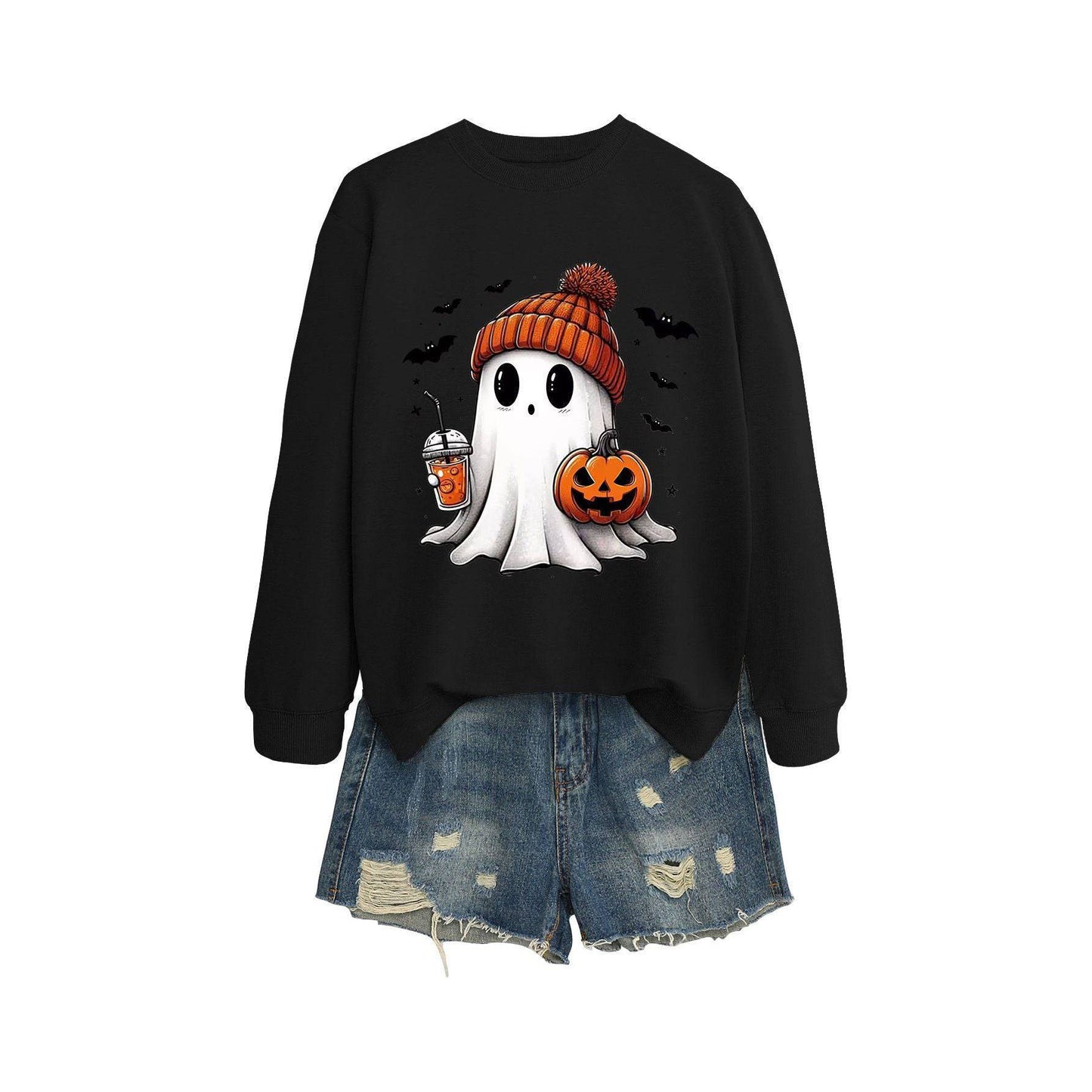 Long Sleeve Milk Tea Pumpkin Bat Printed Crew Neck Sweatshirt - Xmaker