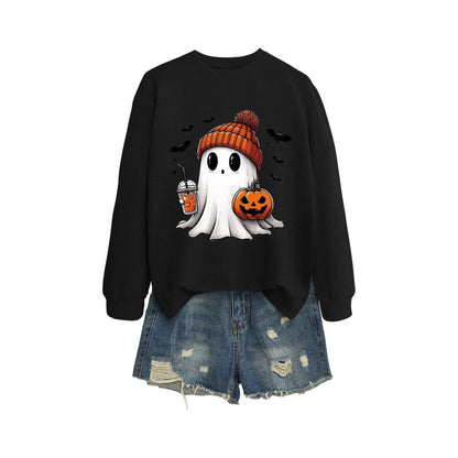 Long Sleeve Milk Tea Pumpkin Bat Printed Crew Neck Sweatshirt - Xmaker