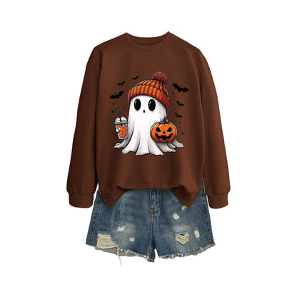 Long Sleeve Milk Tea Pumpkin Bat Printed Crew Neck Sweatshirt - Xmaker