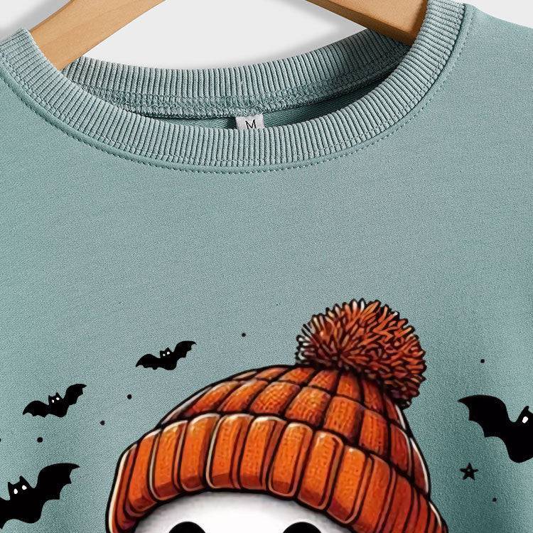 Long Sleeve Milk Tea Pumpkin Bat Printed Crew Neck Sweatshirt - Xmaker