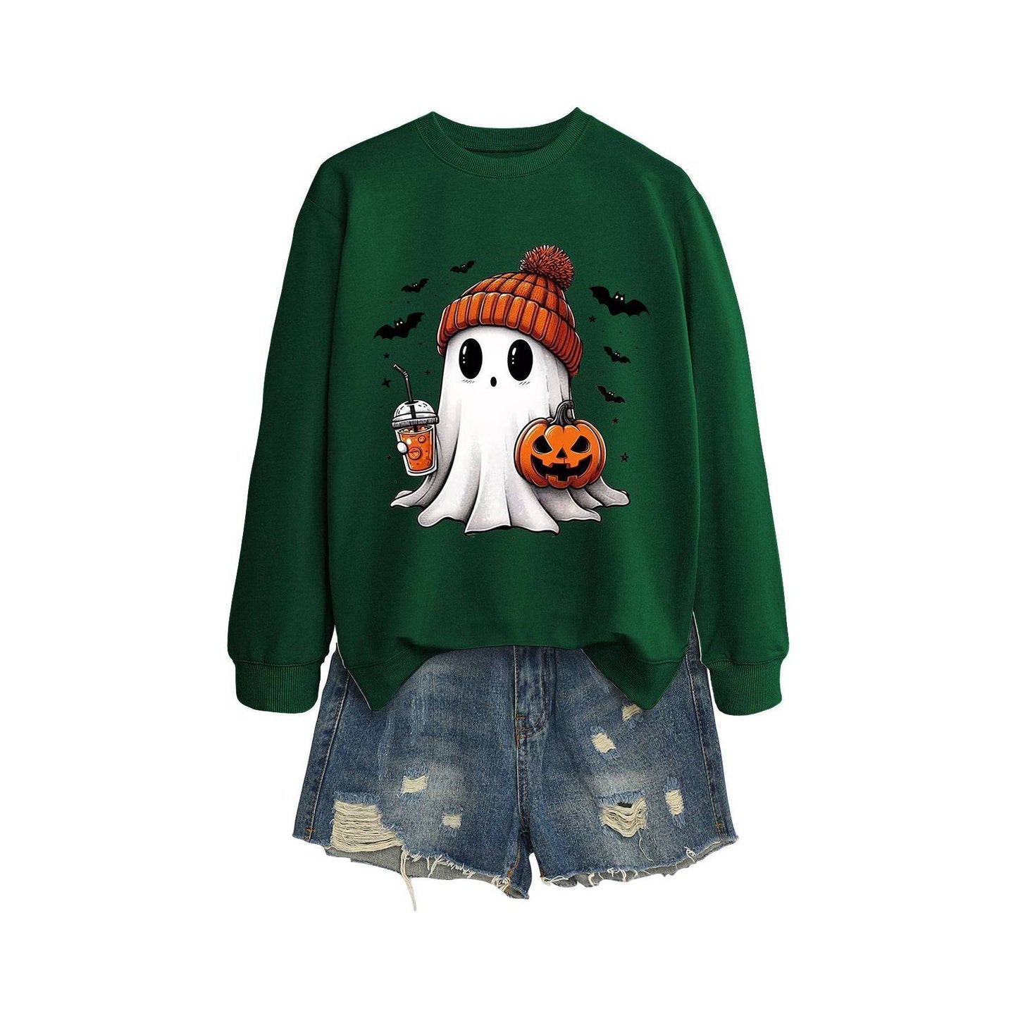 Long Sleeve Milk Tea Pumpkin Bat Printed Crew Neck Sweatshirt - Xmaker