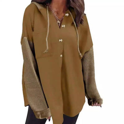 Women's Loose Long Sleeve Button Hooded Sweatshirt - Xmaker