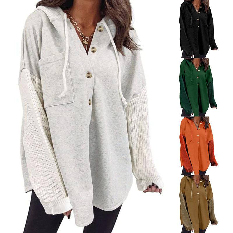 Women's Loose Long Sleeve Button Hooded Sweatshirt - Xmaker