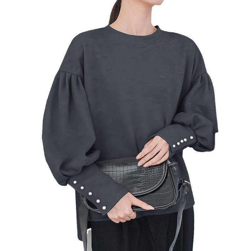 Women's Lantern Sleeve Sweater Pearl Buckle Solid Color - Xmaker