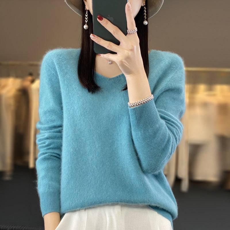 Women's Wool Sweater V-neck Solid Color Loose-fitting Versatile Wool Loose Bottoming Shirt - Xmaker