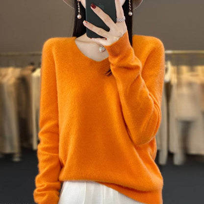 Women's Wool Sweater V-neck Solid Color Loose-fitting Versatile Wool Loose Bottoming Shirt - Xmaker