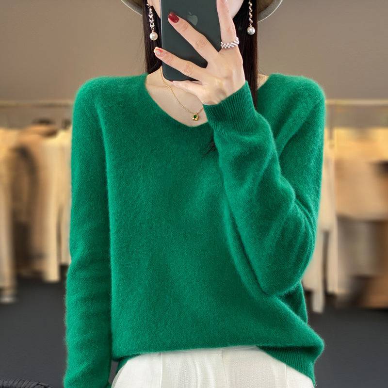 Women's Wool Sweater V-neck Solid Color Loose-fitting Versatile Wool Loose Bottoming Shirt - Xmaker